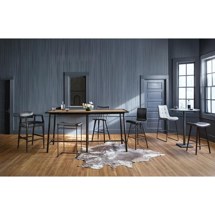 Black Leather and Wood Contemporary Bar Stool