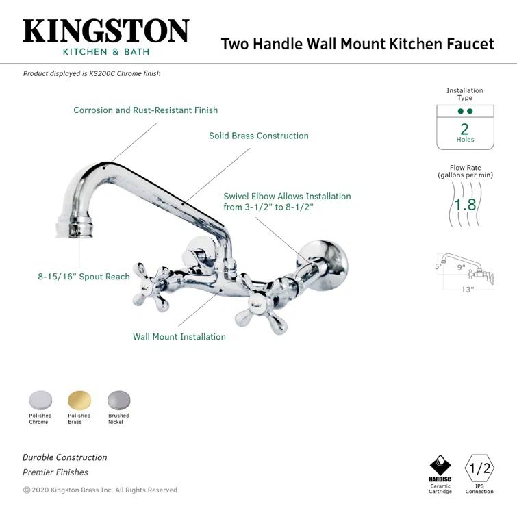 Kingston Brass Kingston Double-Handle 2-Hole Wall-Mount Bridge Kitchen Faucet