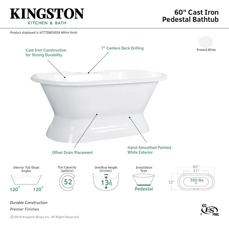 Kingston Brass Aqua Eden 60-Inch Cast Iron Oval Double Ended Pedestal Tub (7-Inch Faucet Drillings)