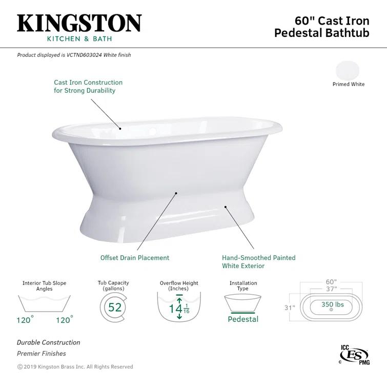 Kingston Brass VCTND603024 Kingston Brass Aqua Eden 60-Inch Cast Iron Oval Double Ended Pedestal Tub (No Faucet Drillings)