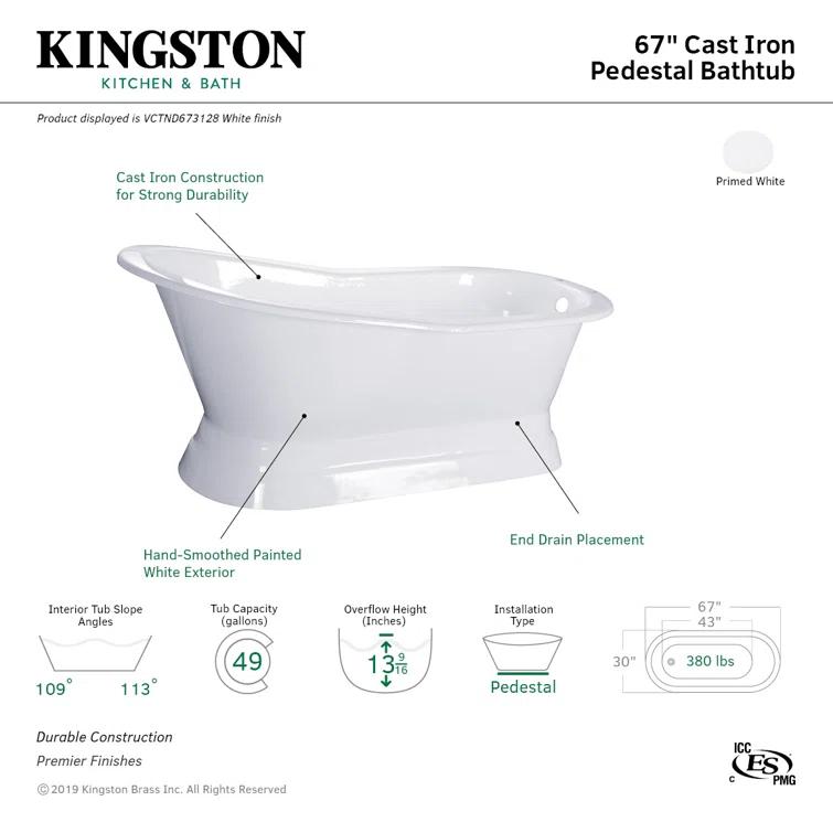 Kingston Brass Aqua Eden 67-Inch Cast Iron Oval Single Slipper Pedestal Tub (No Faucet Drillings)