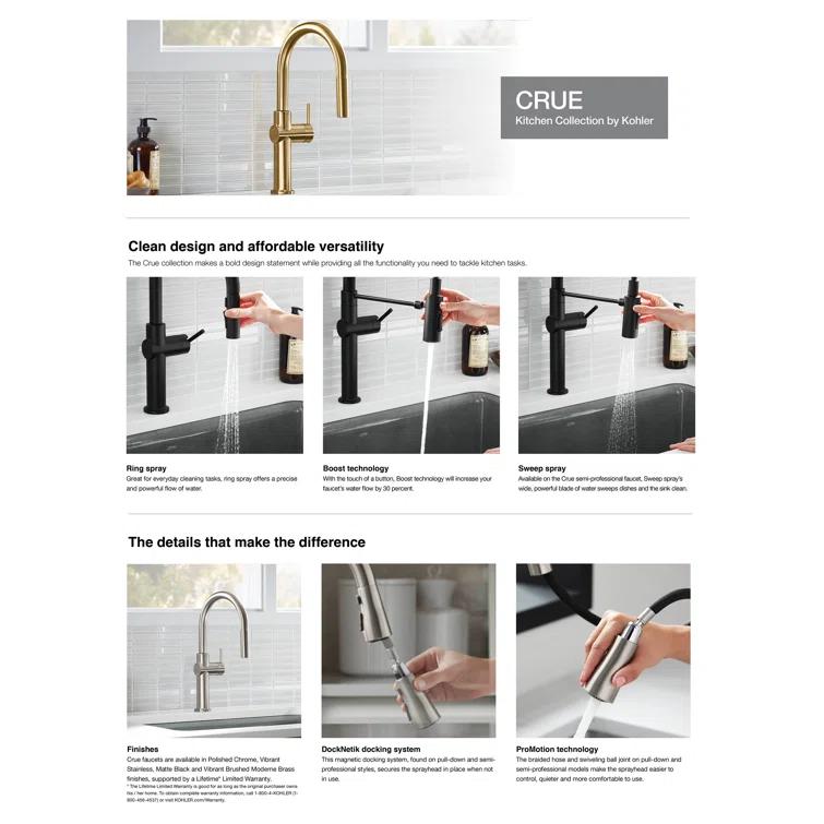 Kohler Crue Single Handle Pull Down Kitchen Faucet with Three-Function Pull Down Sprayer