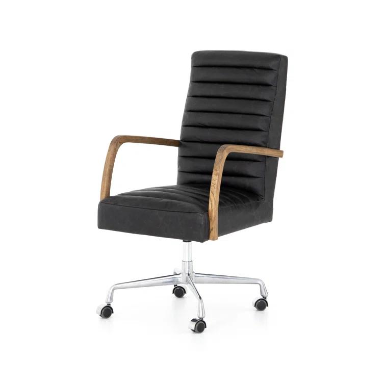 Black Leather Contemporary Conference Chair with Oak Arms