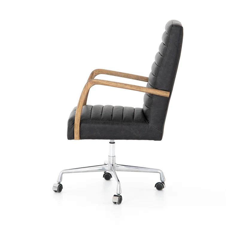 Black Leather Contemporary Conference Chair with Oak Arms