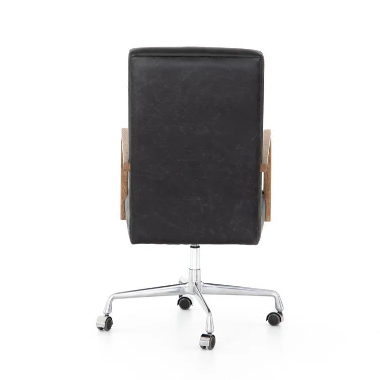 Black Leather Contemporary Conference Chair with Oak Arms
