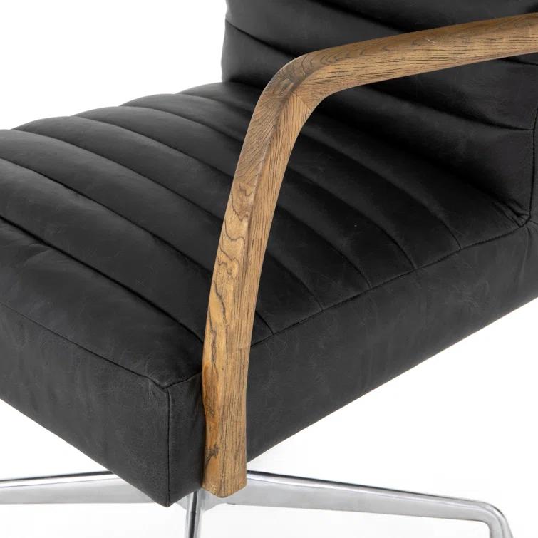Black Leather Contemporary Conference Chair with Oak Arms
