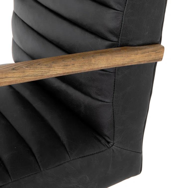 Black Leather Contemporary Conference Chair with Oak Arms