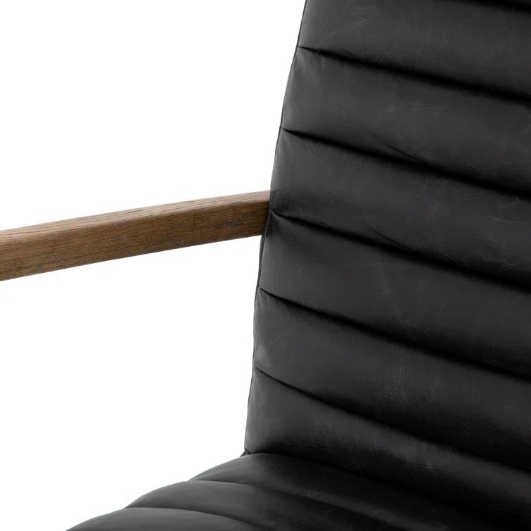 Black Leather Contemporary Conference Chair with Oak Arms