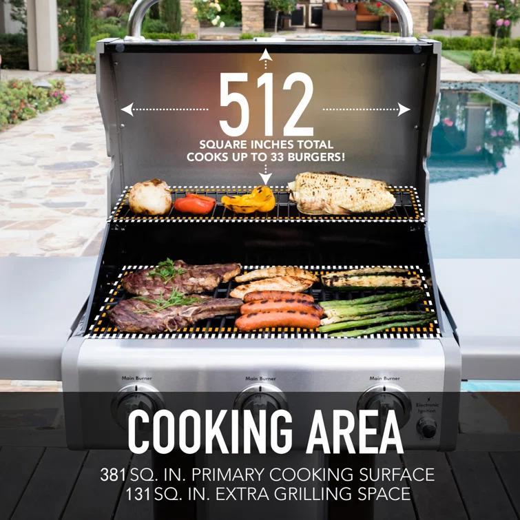 Kenmore 3-Burner Propane Gas Grill with Foldable Side Tables for Outdoor BBQ