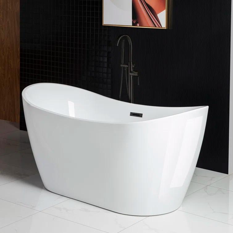 WoodBridge 59" x 28.75" Freestanding Soaking Acrylic Double Slipper Bathtub, Non-Slip Bottom Design B0016 -MB-Drain &O