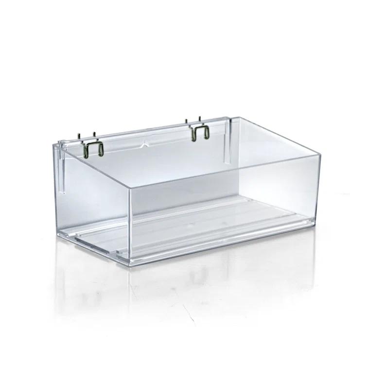 Clear 13.5” wide Open Bin Tray for Pegboard or Slatwall. Storage Container includes 2 Metal U-Hooks for hanging. Adjustable Slide In Dividers Sold Separately