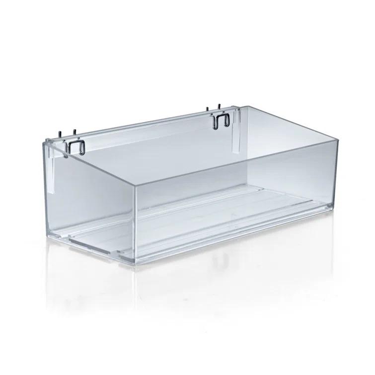 Clear 16” wide Open Bin Tray for Pegboard or Slatwall. Storage Container includes 2 Metal U-Hooks for hanging. Adjustable Slide In Dividers Sold Separately