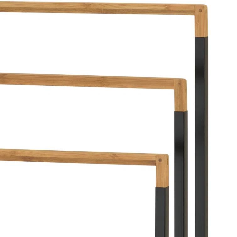 MyGift 33 Inch Black Chrome Plated Metal Freestanding Bathroom Towel Rack Stand with 3 Tier Bamboo Wood Bar, Laundry Room Drying Rack Stand