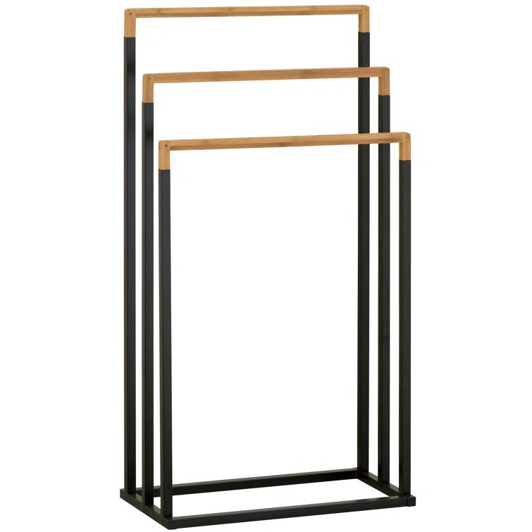 MyGift 33 Inch Black Chrome Plated Metal Freestanding Bathroom Towel Rack Stand with 3 Tier Bamboo Wood Bar, Laundry Room Drying Rack Stand