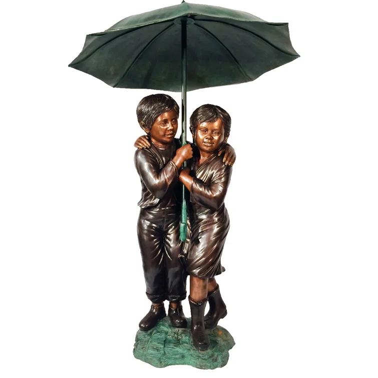 Bronze Children Holding Umbrella Sculpture with Green Patina