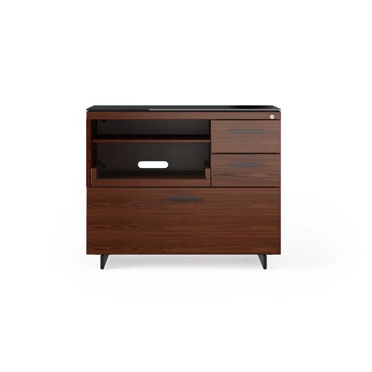 Chocolate Walnut and Black Mobile Filing Cabinet with Satin Glass Top