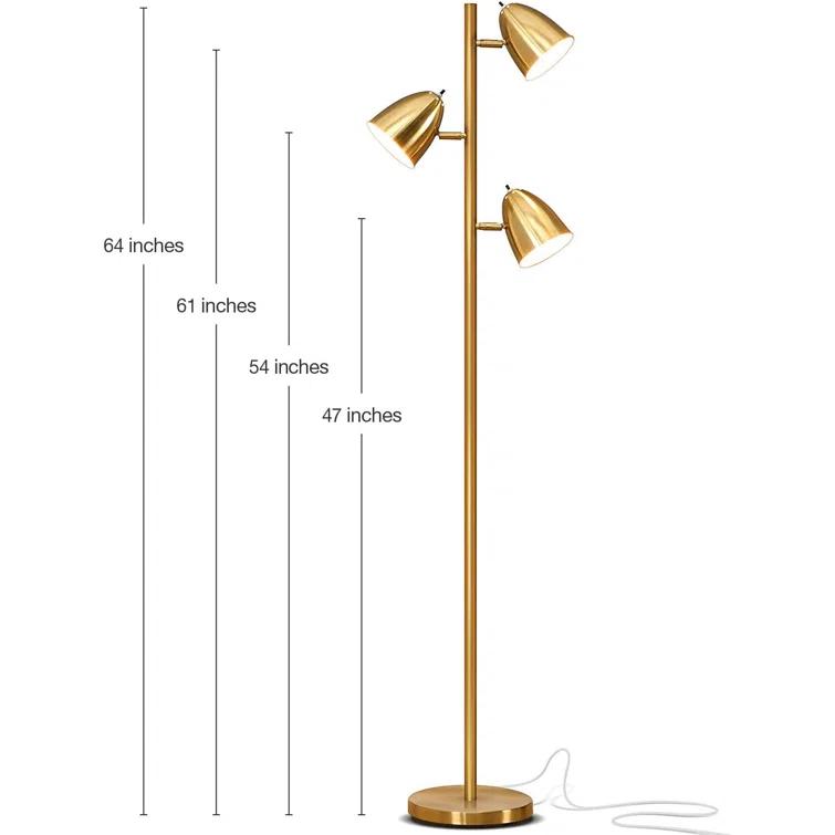 Brightech Jacob 64" Modern 3-Light Adjustable LED Floor Lamp with Gold Brass Finish and Metal Cone Shades, Bulbs Included