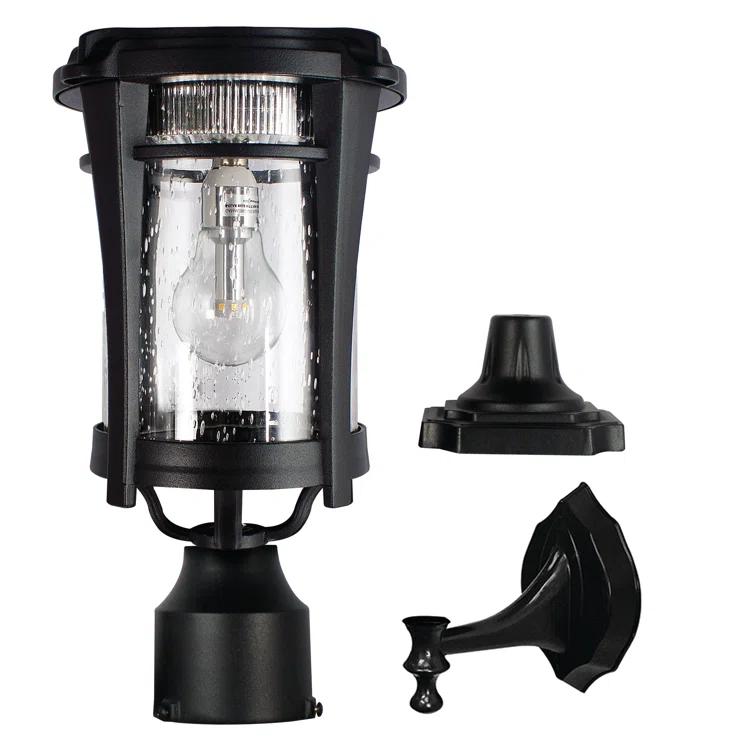Eligia Black 1-Light 13" H Solar Powered Lantern Warm White Post Light with Pier and Wall
