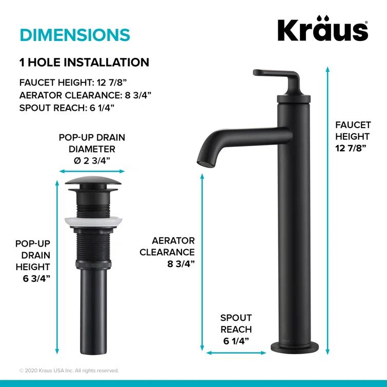 Ramus Single Handle Vessel Sink Bathroom Faucet with Drain Assembly