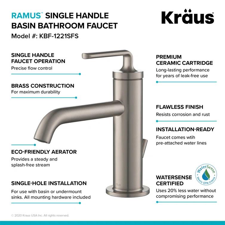 KRAUS Ramus Single Handle Bathroom Sink Faucet with Lift Rod Drain