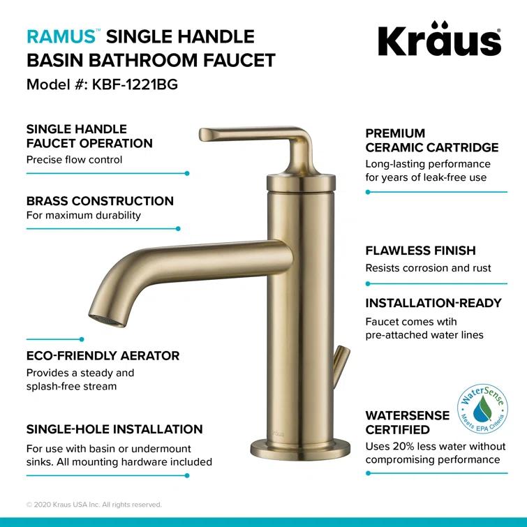 KRAUS Ramus Single Handle Bathroom Sink Faucet with Lift Rod Drain