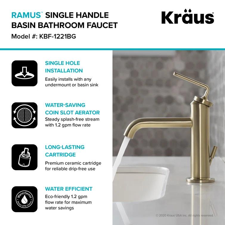KRAUS Ramus Single Handle Bathroom Sink Faucet with Lift Rod Drain