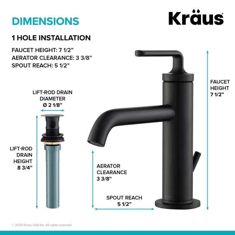 KRAUS Ramus Single Handle Bathroom Sink Faucet with Lift Rod Drain