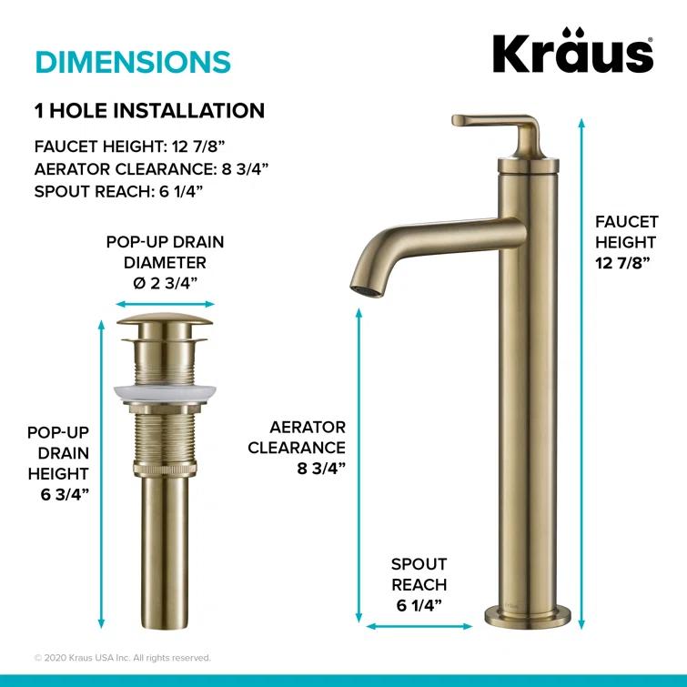 Ramus Single Handle Vessel Sink Bathroom Faucet with Drain Assembly