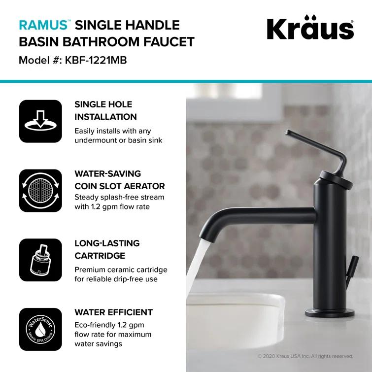 KRAUS Ramus Single Handle Bathroom Sink Faucet with Lift Rod Drain