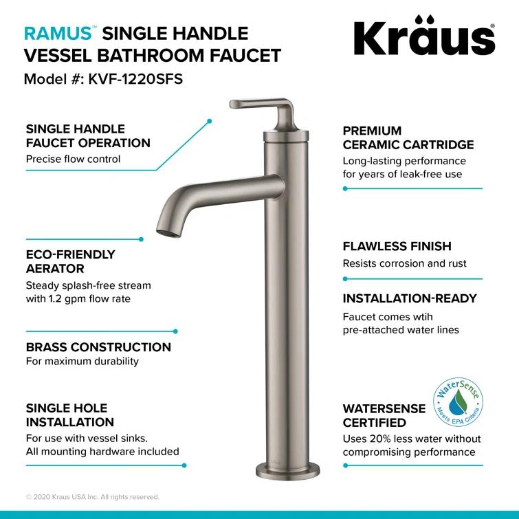 Ramus Single Handle Vessel Sink Bathroom Faucet with Drain Assembly
