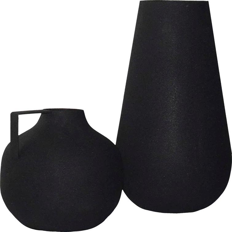Renwil Roove Modern Iron Metal Decorative Vase in Matte Black (Set of 2)