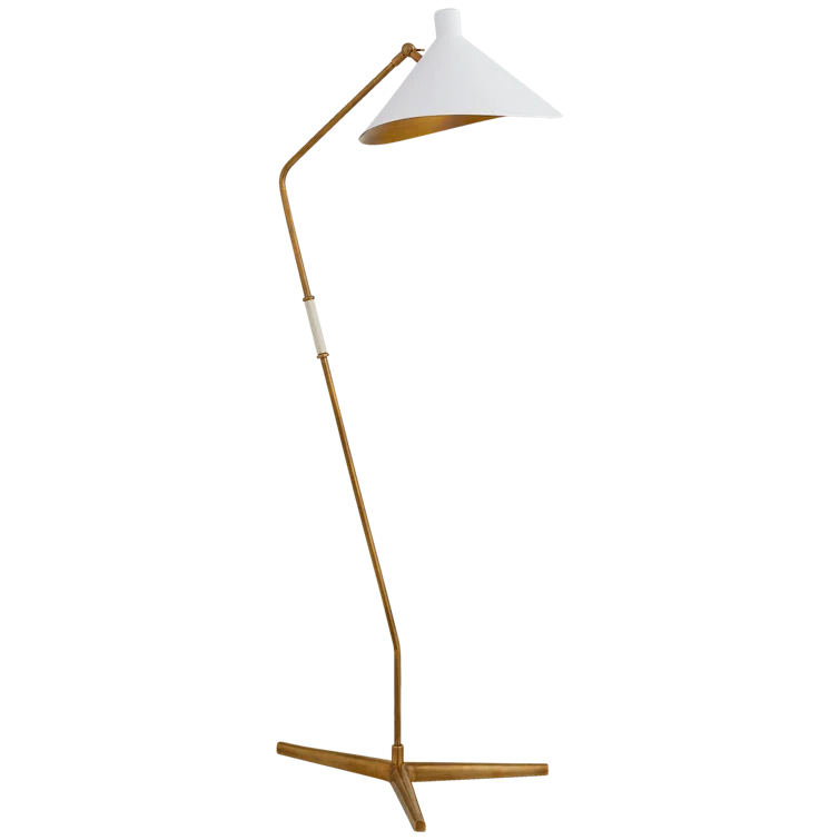 Adjustable White and Antique Brass Mid-Century Modern Floor Lamp