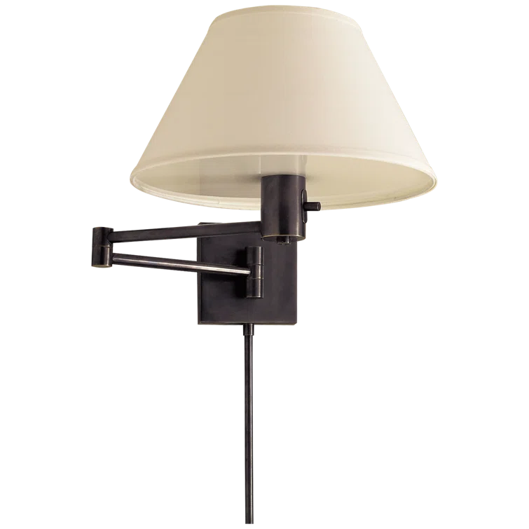 Bronze and Black Swing Arm Wall Lamp with Linen Shade