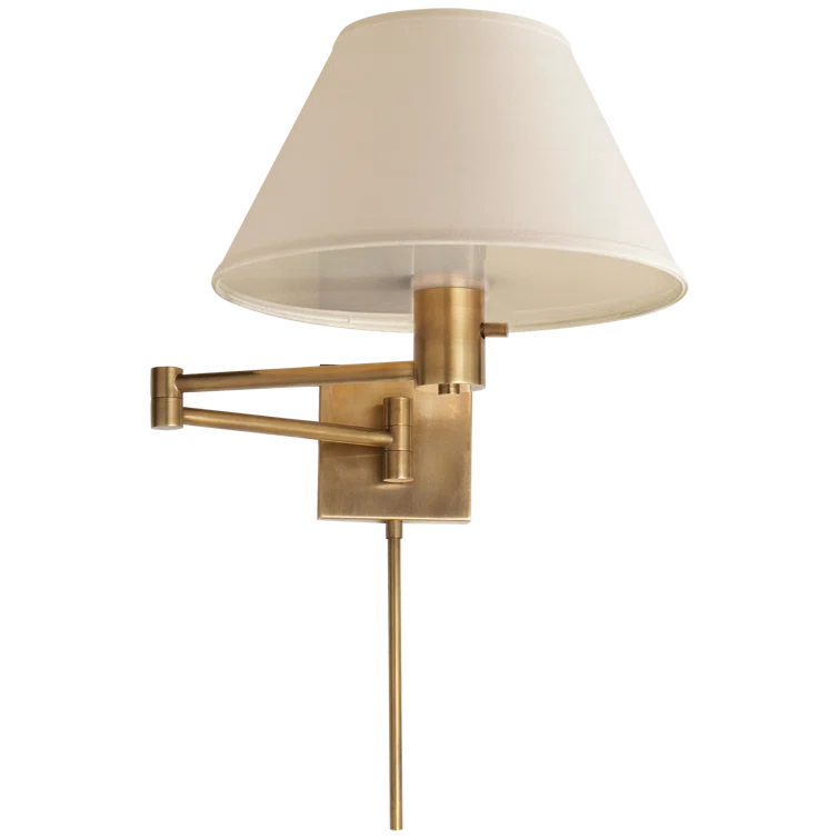 Classic 11" Antique Brass Swing Arm Wall Light with Linen Shade