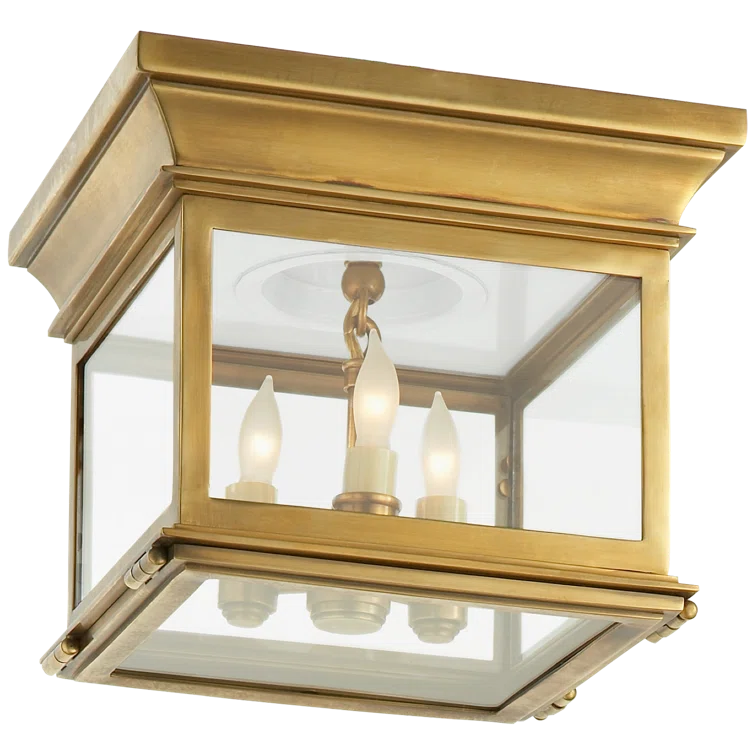 Antique-Burnished Brass and Glass 3-Light Flush Mount Fixture
