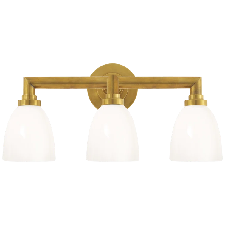 Wilton Antique Brass 3-Light Vanity with White Glass Shades