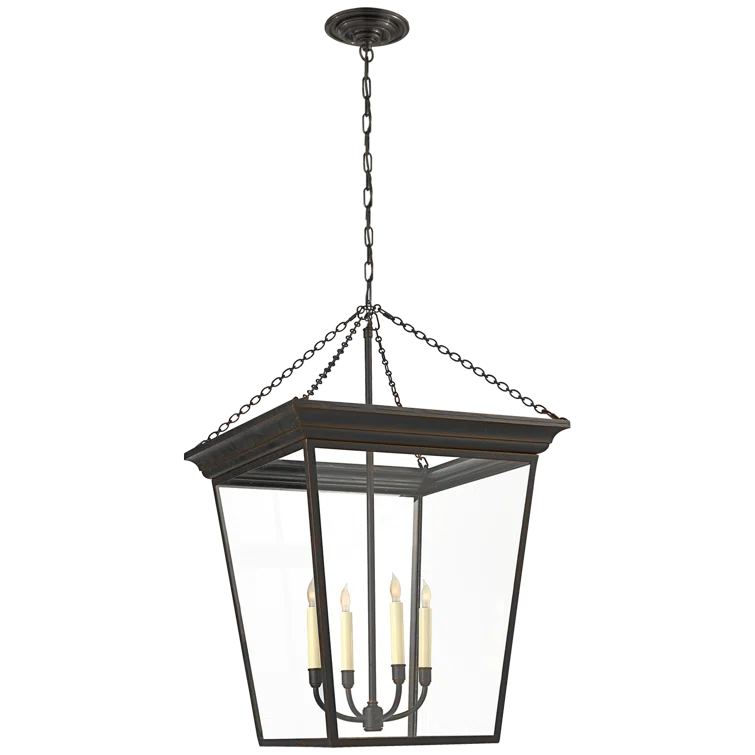 Cornice Bronze 4-Light Lantern Chandelier with Glass Panels