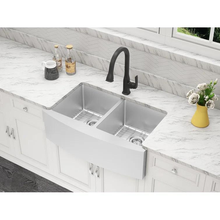 Belleville 33'' L Farmhouse / Apron Double Bowl Stainless Steel Kitchen Sink