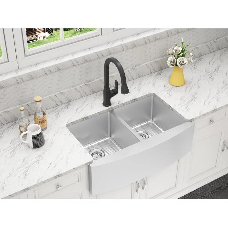 Belleville 33'' L Farmhouse / Apron Double Bowl Stainless Steel Kitchen Sink