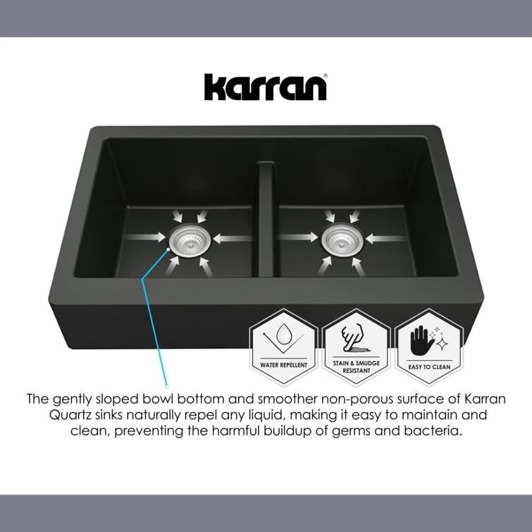 Karran Quartz 34'' X 21-1/4'' 60/40 Double Bowl Farmhouse/Apron Front Kitchen Sink Kit