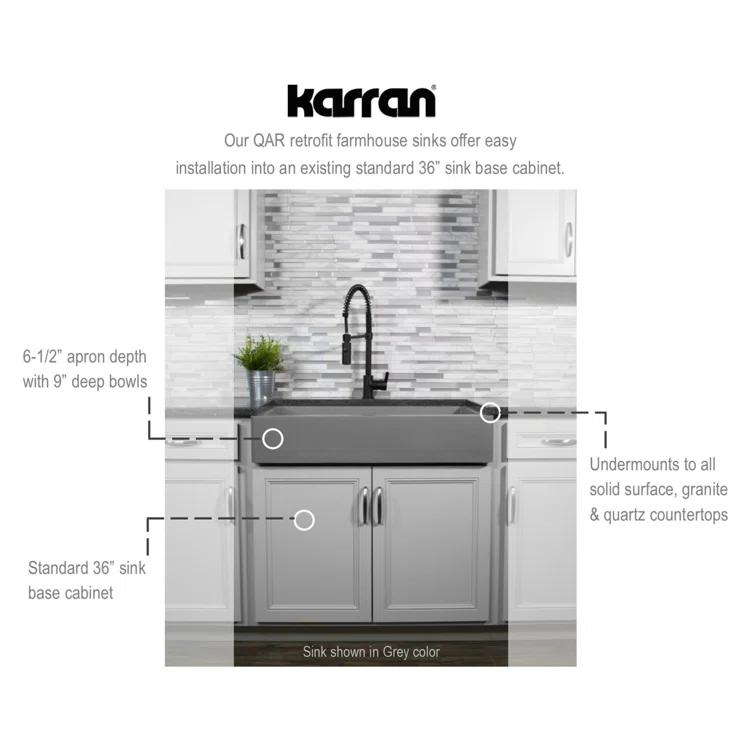 Karran Quartz 34'' X 21-1/4'' 60/40 Double Bowl Farmhouse/Apron Front Kitchen Sink Kit