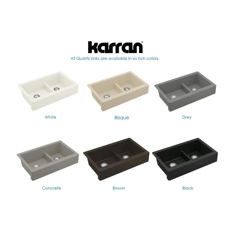 Karran Quartz 34'' X 21-1/4'' 60/40 Double Bowl Farmhouse/Apron Front Kitchen Sink Kit