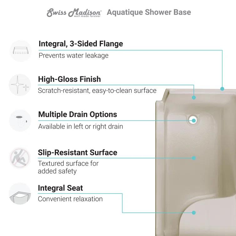Swiss Madison Aquatique 60" x 32" Single Threshold Shower Base With Right Hand Drain and Integral Left Hand Seat  SM-SB538BV