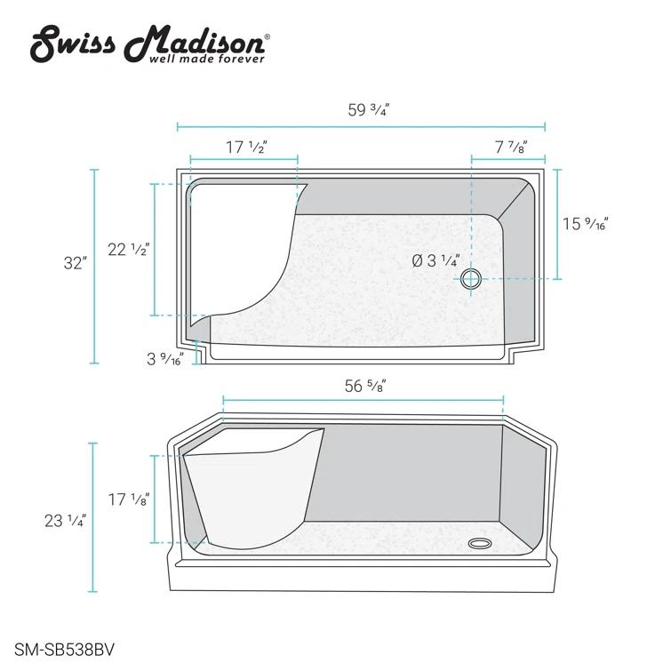 Swiss Madison Aquatique 60" x 32" Single Threshold Shower Base With Right Hand Drain and Integral Left Hand Seat  SM-SB538BV