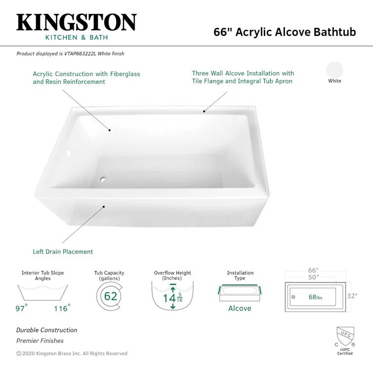 Kingston Brass Aqua Eden 66-Inch Acrylic Rectangular 3-Wall Alcove Tub