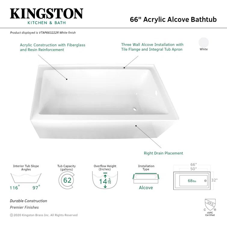 Kingston Brass Aqua Eden 66-Inch Acrylic Rectangular 3-Wall Alcove Tub
