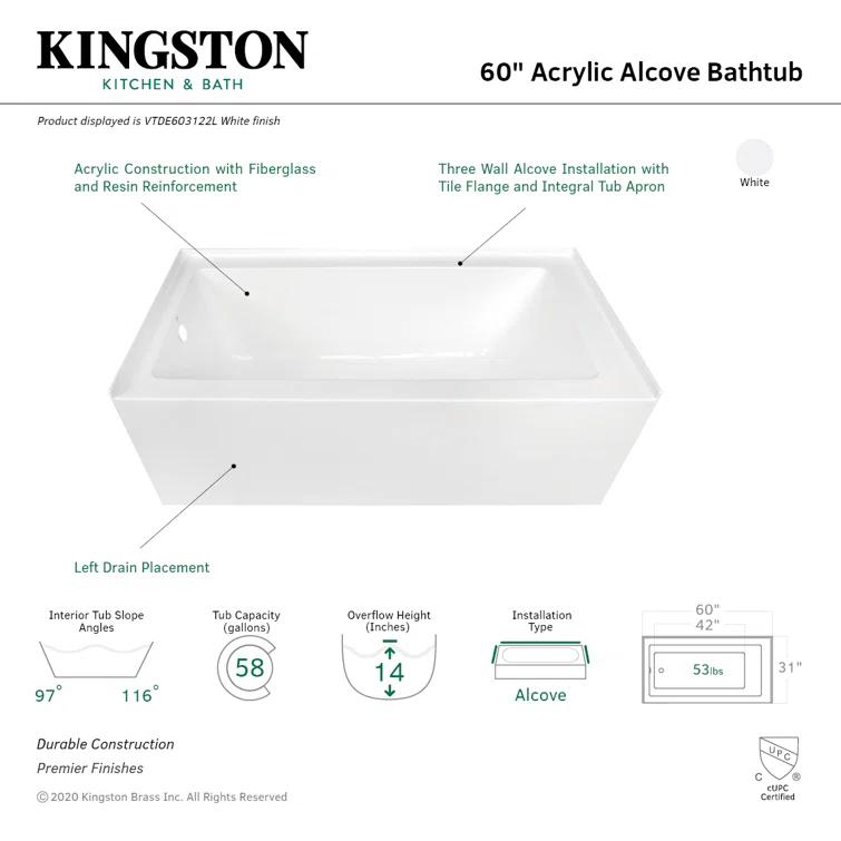 Kingston Brass Aqua Eden 60-Inch Acrylic Rectangular 3-Wall Alcove Tub