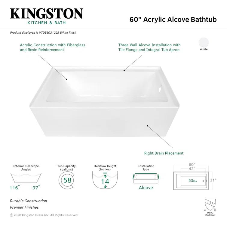 Kingston Brass Aqua Eden 60-Inch Acrylic Rectangular 3-Wall Alcove Tub