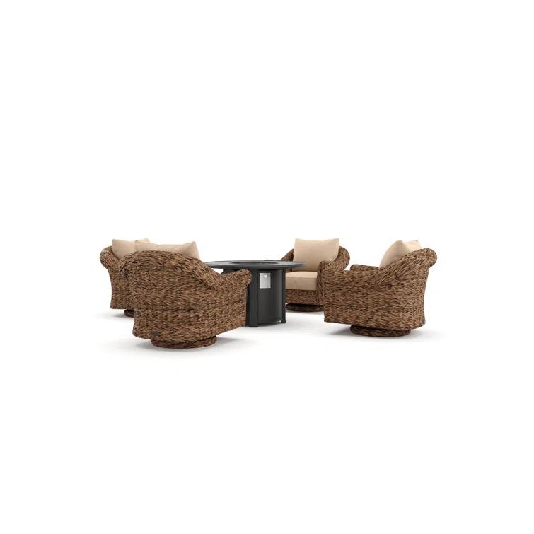 Winston Cayman Swivel Glider Lounge Chair and Fire Pit 5 Piece Rattan Seating Group with Sunbrella Cushions