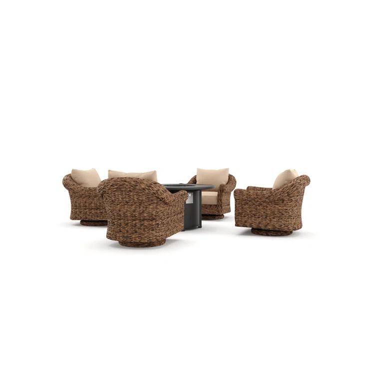 Winston Cayman Swivel Glider Lounge Chair and Fire Pit 5 Piece Rattan Seating Group with Sunbrella Cushions